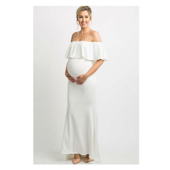 Pinkblush Dresses & Skirts - Pinkblush Off Shoulder Ivory  Ruffle Trim Maternity Maxi Dress